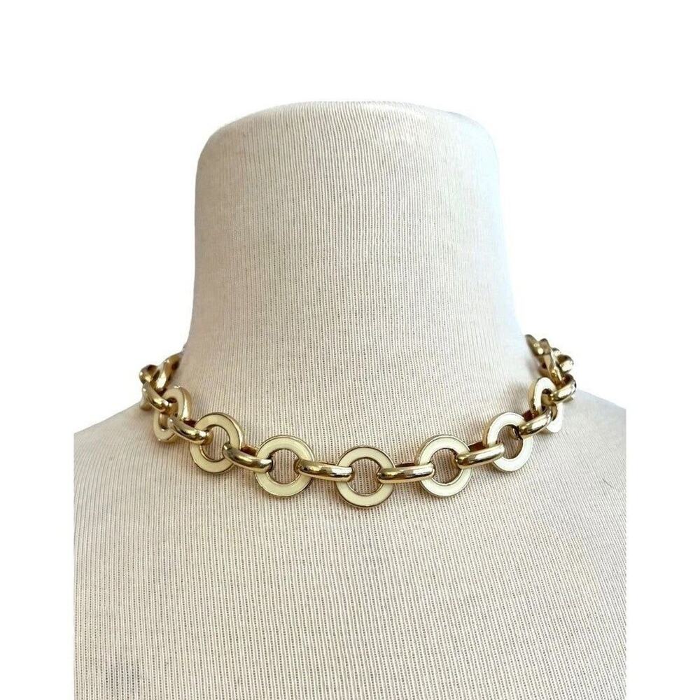 Anne Klein Circle‎ Link Goldtone Necklace Cream Enamel Accents 17" + 2.75"